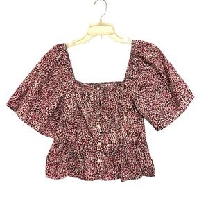 2/$30 Universal Thread Pink Brown Printed Square Neck Peplum Top Size Small